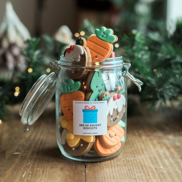 jar of cute advent biscuits by Honeywell Bakes