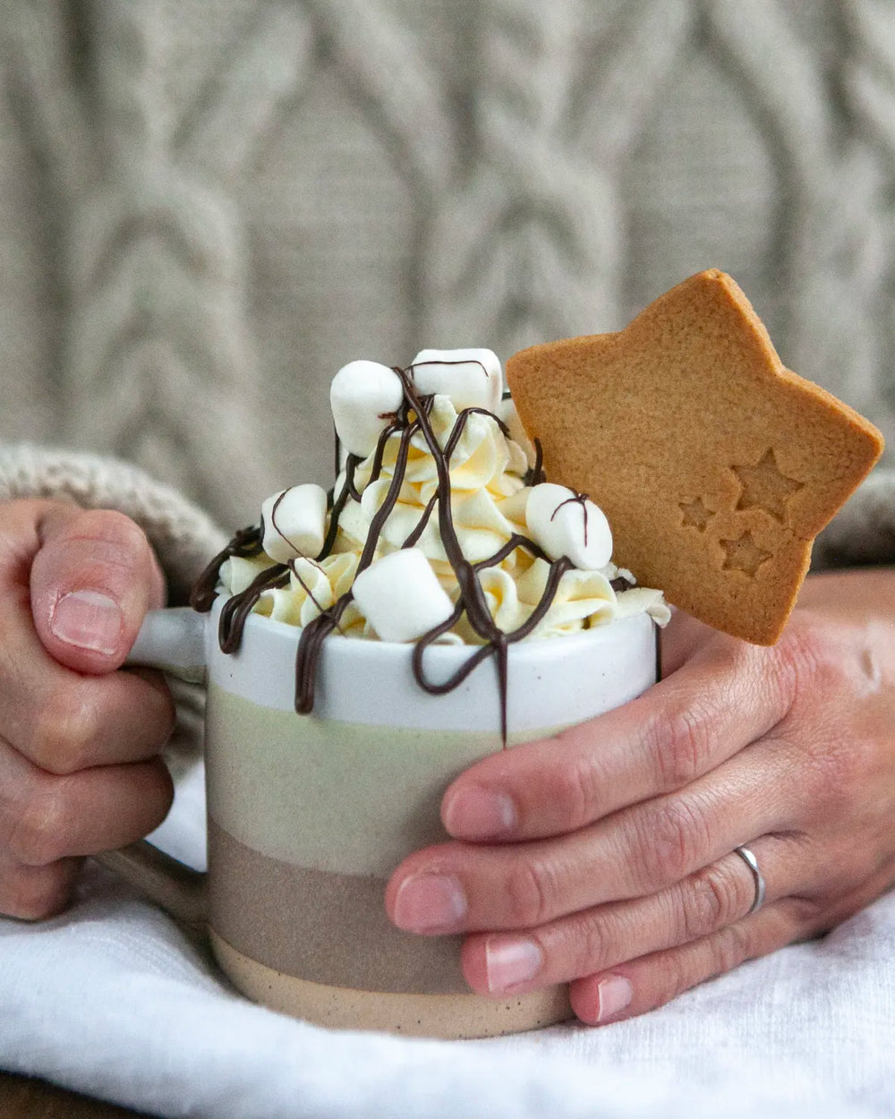 Honeywell Bakes Artisan Hot Chocolate Kit With Mug - A stoneware mug with whipped cream, marshmallows and chocolate drizzled on top, a star shaped gingerbread biscuit next to it.