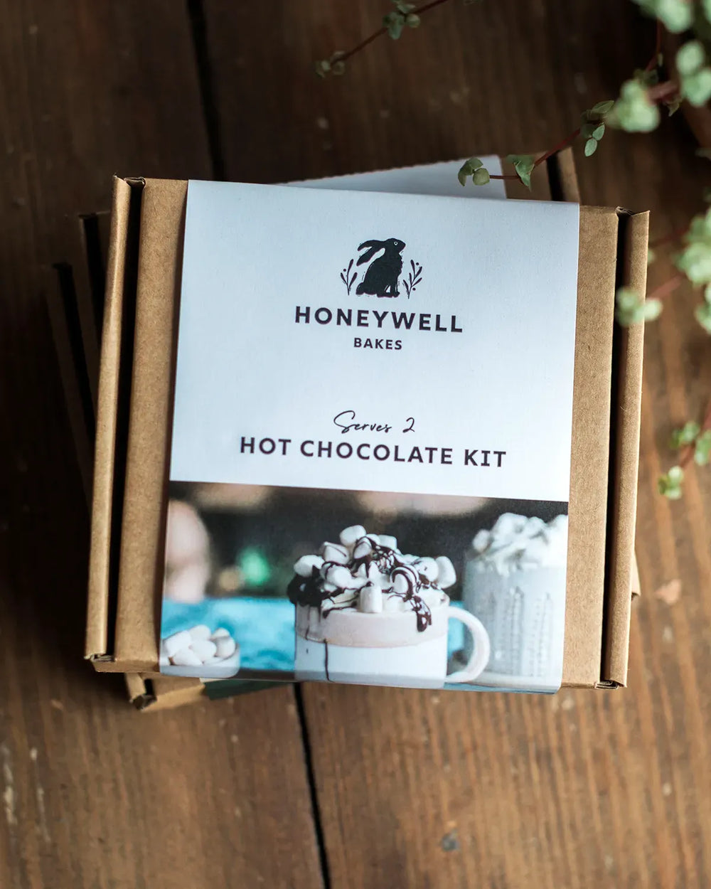 Honeywell Bakes Belgian Hot Chocolate Kit - White mug filled with hot chocolate, topped with marshmallows and chocolate drizzle on a blue surface.