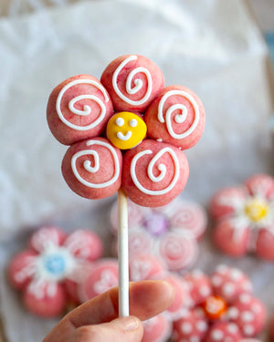 Honeywell Bakes Young Bakers Subscription,  a flower shaped biscuit on a stick with a smiley face
