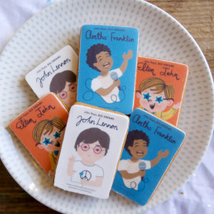 Biscuits with edible ink printed book covers on icing for Little People Big Dreams, by Honeywell Bakes 
