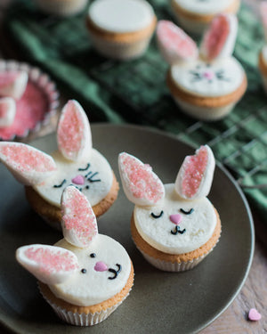 Honeywell Bakes Bunny Cupcake Baking Kit - cupcakes iced to look like bunnies on a plate