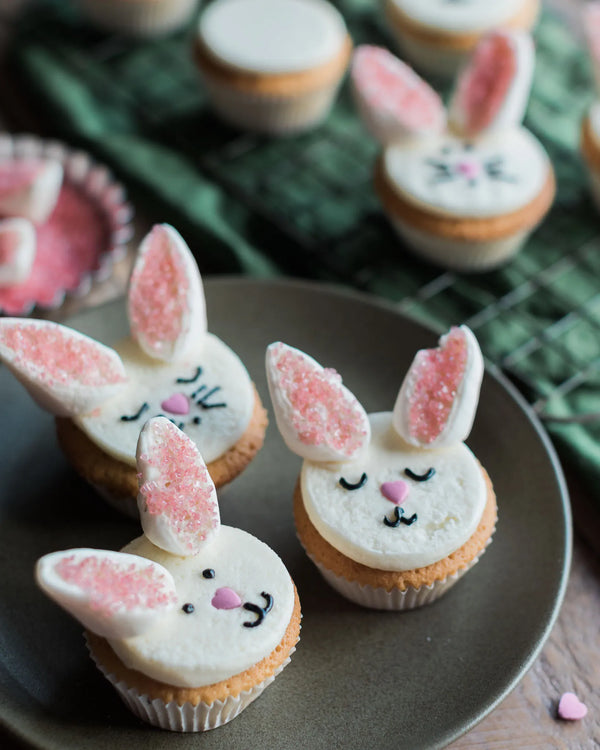 Honeywell Bakes Bunny Cupcake Baking Kit - cupcakes iced to look like bunnies on a plate
