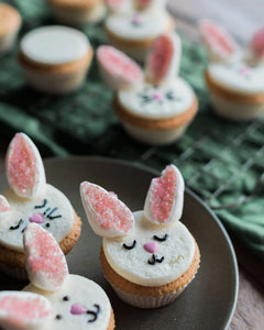 Honeywell Bakes Bunny Cupcake Baking Kit - cupcakes iced to look like bunnies on a plate
