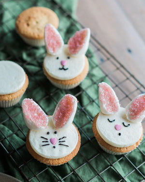 Honeywell Bakes Bunny Cupcake Baking Kit - cupcakes iced to look like bunnies on a cooling rack