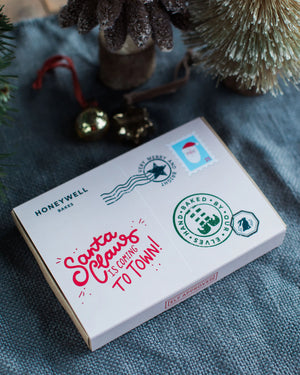 Honeywell Bakes Christmas Postcard Biscuit gift packaging with stamp detail