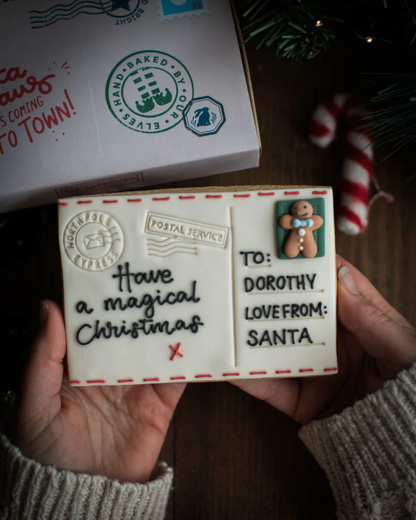 A hand-iced Christmas Postcard Biscuit gift  with festive packaging 