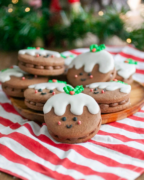 Chocolate Christmas pudding sandwich biscuits made from Honeywell Bakes kit