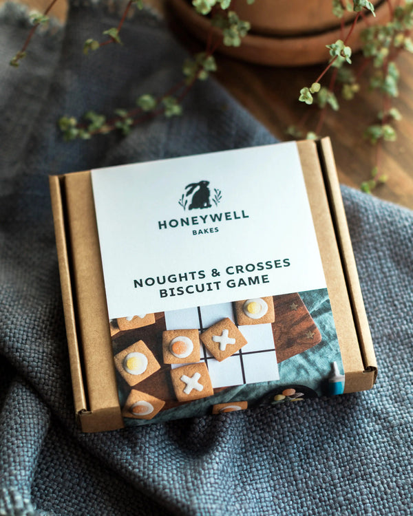 Honeywell Bakes DIY Noughts and Crosses Biscuit Game packaging on a textured surface with plants in the background.