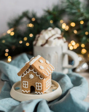 Honeywell Bakes DIY Tiny Gingerbread House Kit - biscuit gingerbread house on a plate with hot chocolate in the background