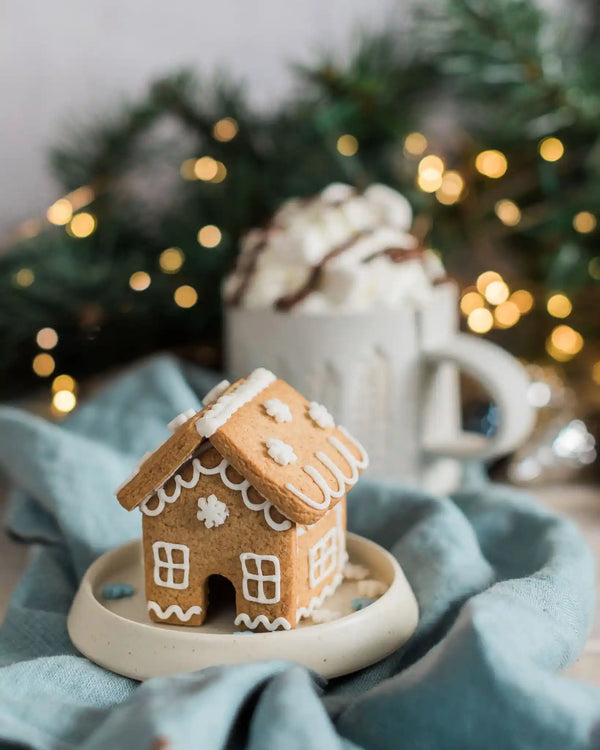 Honeywell Bakes DIY Tiny Gingerbread House Kit - biscuit gingerbread house on a plate with hot chocolate in the background