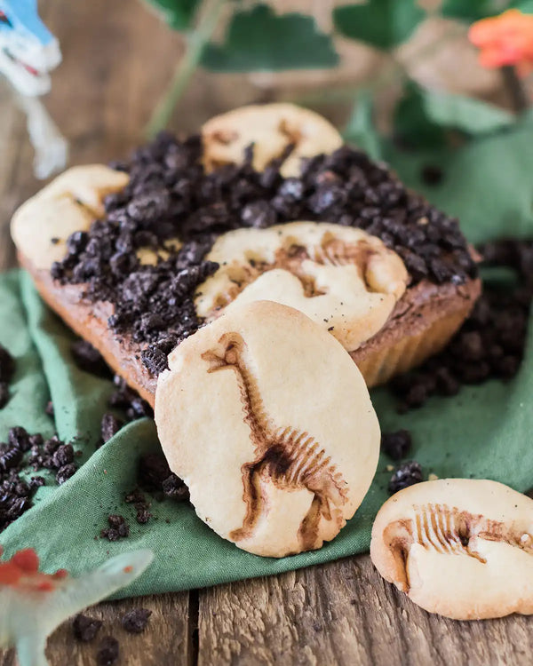 Honeywell Bakes Dinosaur Fossil Baking Kit - Dinosaur-themed brownie with cookies on a wooden surface