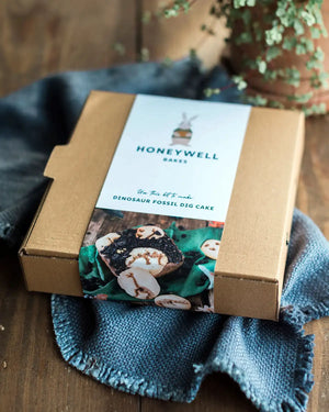 Honeywell Bakes Dinosaur Fossil Baking Kit - Cake on a wooden surface with a blue towel and plant in the background.