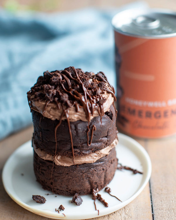 Honeywell Bakes Emergency Chocolate Cake Kit with fully baked chocolate cake and emergency can packaging in the background
