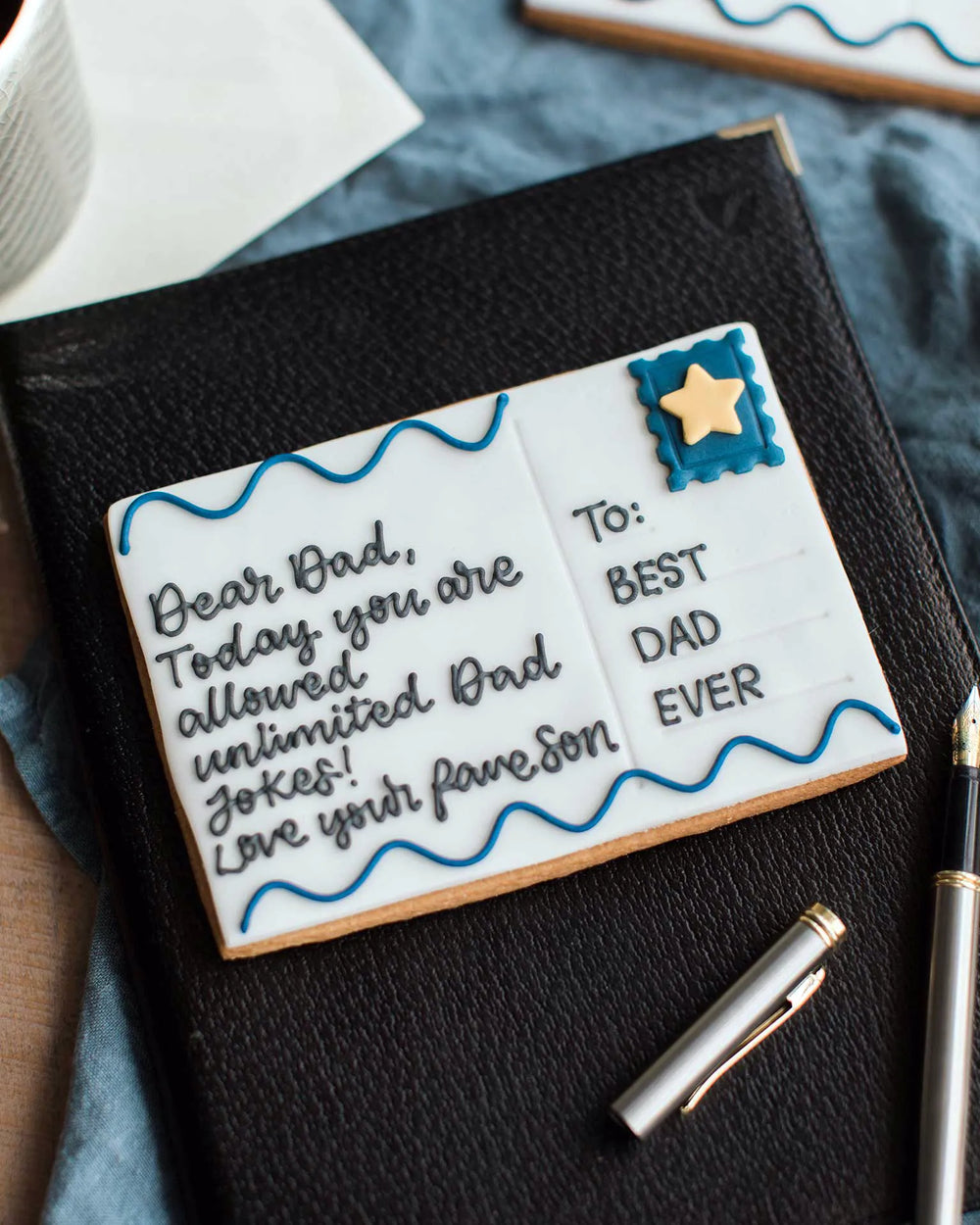 Honeywell Bakes Father's Day Postcard Biscuit Gift - Cookie designed like a postcard for Dad with personalised text and stamp star decoration