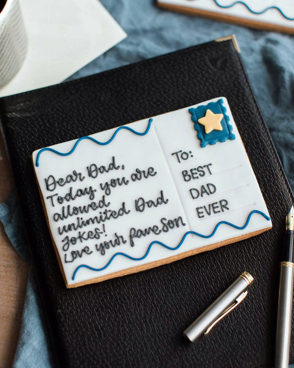 Honeywell Bakes Father's Day Postcard Biscuit Gift - Cookie designed like a postcard for Dad with personalised text and stamp star decoration