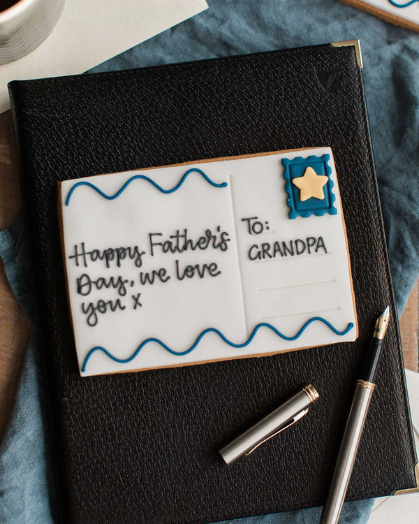 Honeywell Bakes Father's Day Postcard Biscuit Gift - Cookie designed like a postcard for Dad with personalised text and stamp star decoration