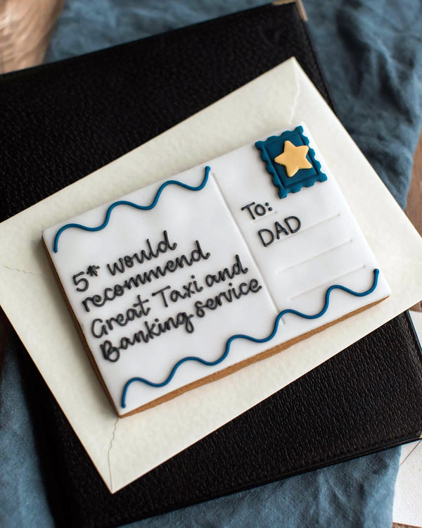 Honeywell Bakes Father's Day Postcard Biscuit Gift - Cookie designed like a postcard for Dad with personalised text and stamp star decoration