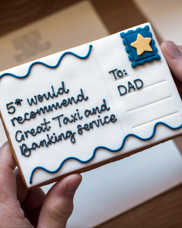 Honeywell Bakes Father's Day Postcard Biscuit Gift - Cookie designed like a postcard for Dad with personalised text and stamp star decoration