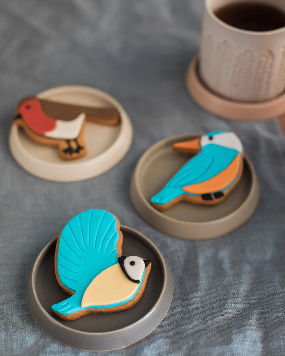 Honeywell Bakes Great British Birds Biscuit Gift - Box of bird-shaped cookies on a textured surface with a plant and cup in the background.