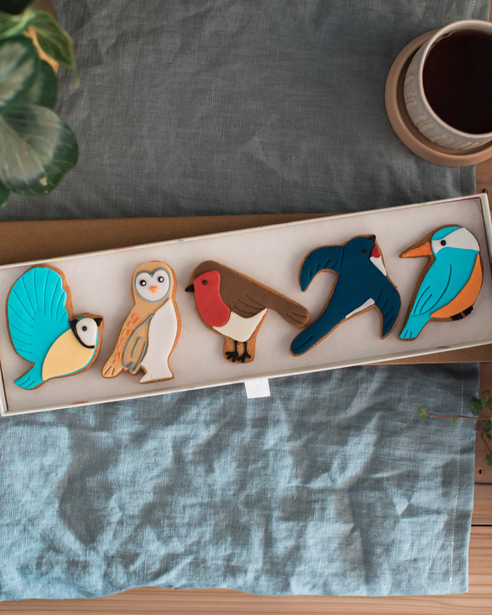 Honeywell Bakes Great British Birds Biscuit Gift - Box of bird-shaped cookies on a textured surface with a plant and cup in the background.