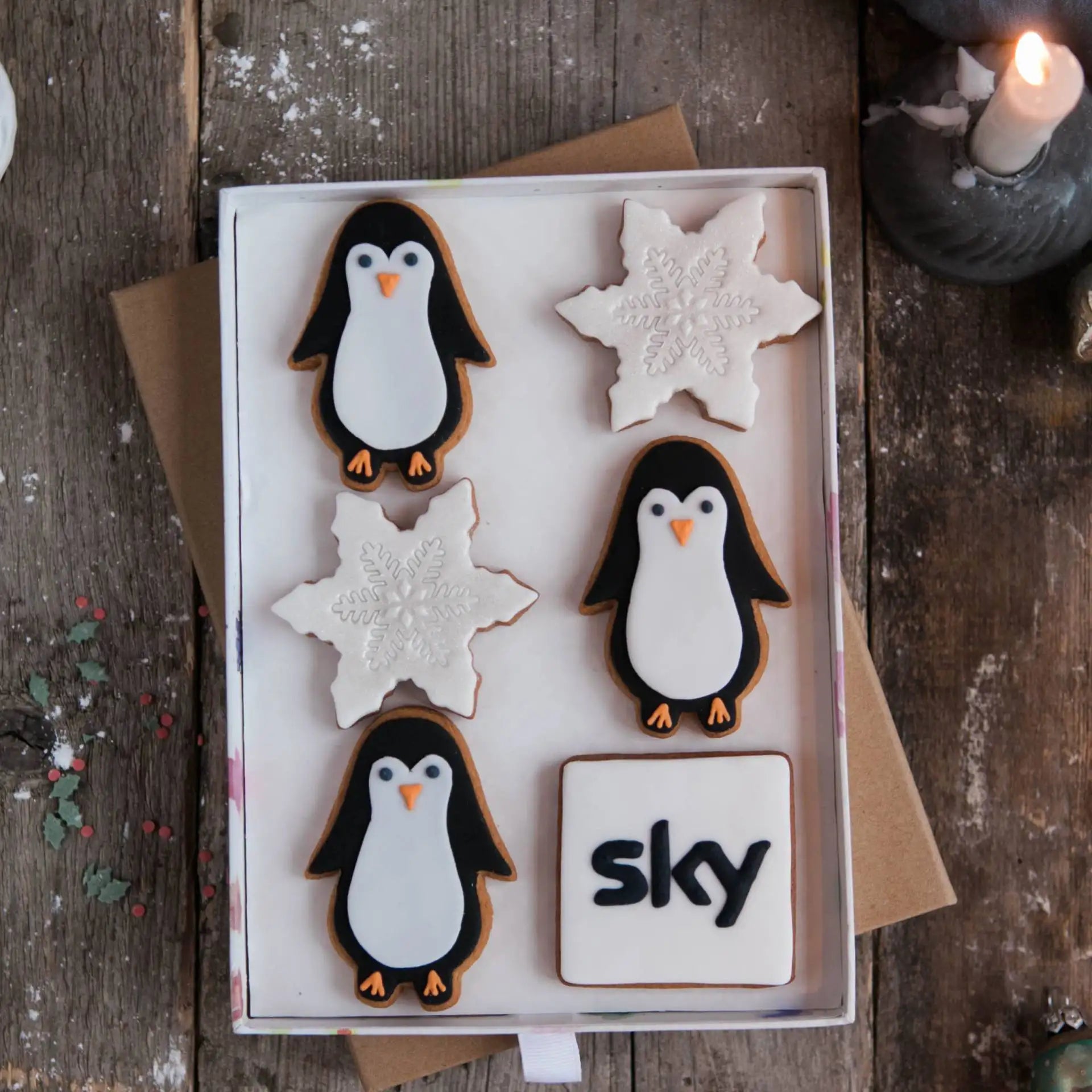 Hand iced custom logo biscuits for Sky TV, presented in a gift box with Christmas themed biscuits shaped like penguins and snowflakes by Honeywell Bakes 