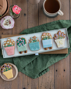 Honeywell Bakes House Plant Biscuit Gift Set - Decorative cookies shaped like potted plants on a wooden table with flowers and a cup of coffee.