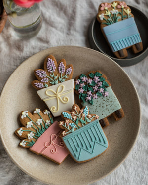 Honeywell Bakes House Plant Biscuit Gift Set - Decorative cookies shaped like potted plants on a plate with a neutral background.