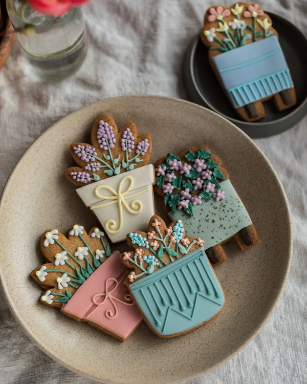 Honeywell Bakes House Plant Biscuit Gift Set - Decorative cookies shaped like potted plants on a plate with a neutral background.