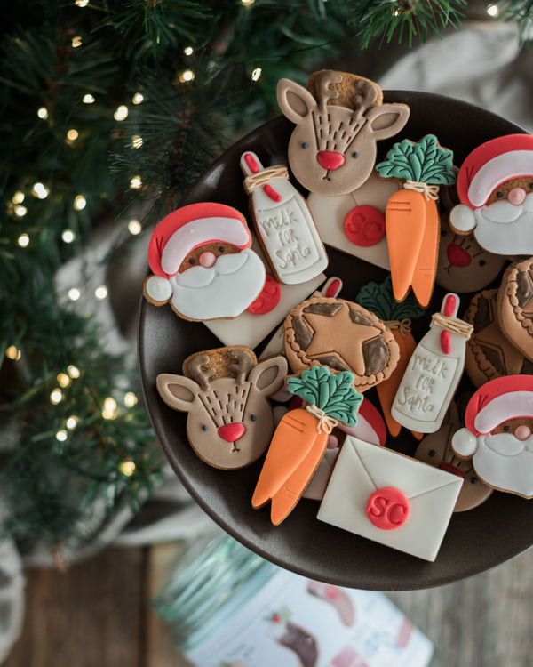 Honeywell Bakes Christmas Biscuits in a Jar - Decorated Christmas cookies shaped like Santa Claus, reindeer, carrots, and an envelope, arranged on a dark plate on Christmas Eve with festive blurred lights and greenery in the background.