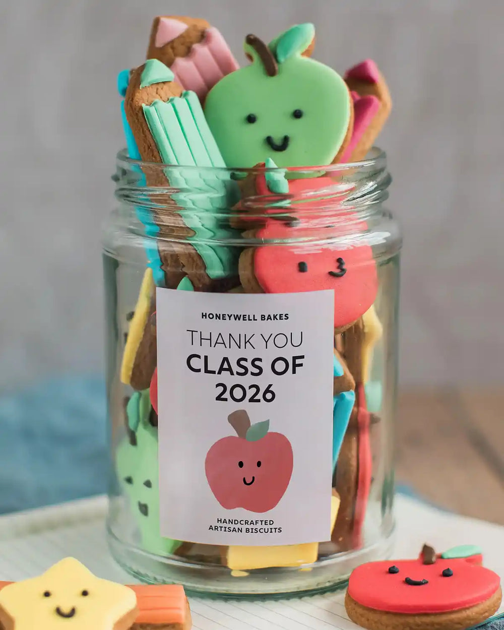 Honeywell Bakes Jar Of Smart Cookies - Jar of cookies with a 'Thank You Class of 2026' label on a neutral background