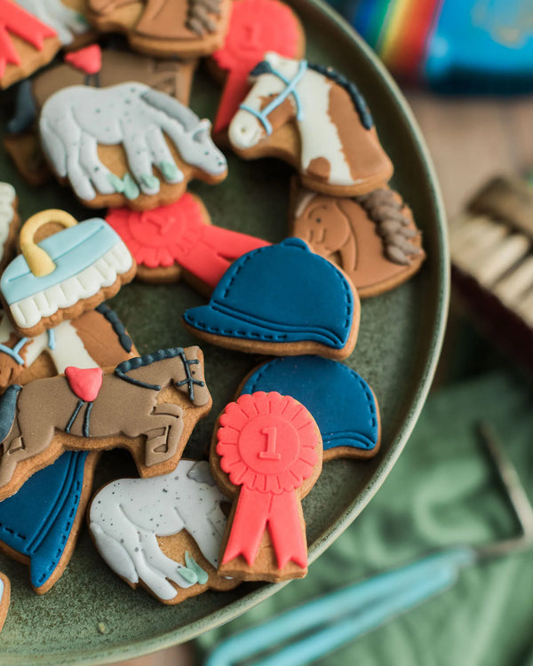 Honeywell Bakes Jar of Horses Biscuit Gift, hand iced horse and pony biscuits, with rosettes, riding hats, and grooming brushes