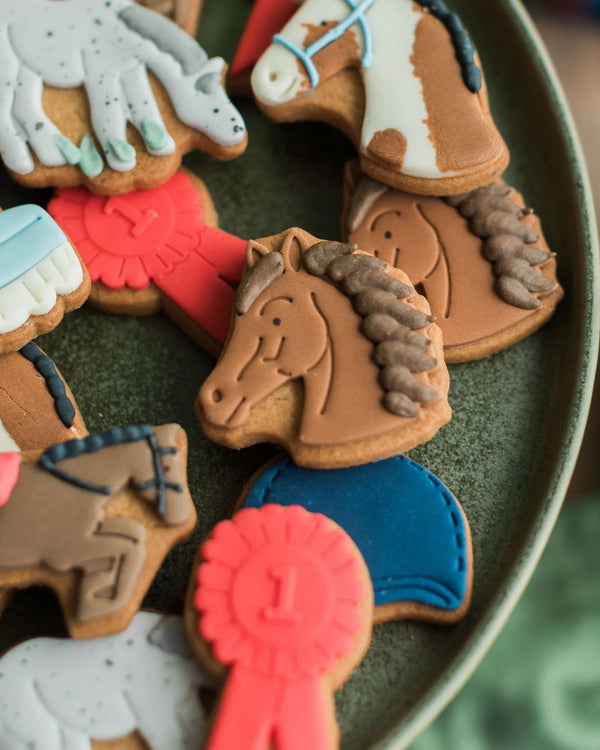 Honeywell Bakes Jar of Horses Biscuit Gift, hand iced horse and pony biscuits, with rosettes, riding hats, and grooming brushes