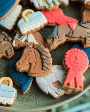 Honeywell Bakes Jar of Horses Biscuit Gift, hand iced horse and pony biscuits, with rosettes, riding hats, and grooming brushes