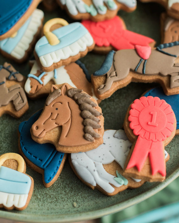 Honeywell Bakes Jar of Horses Biscuit Gift, hand iced horse and pony biscuits, with rosettes, riding hats, and grooming brushes
