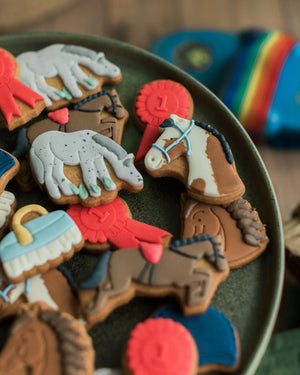 Honeywell Bakes Jar of Horses Biscuit Gift, hand iced horse and pony biscuits, with rosettes, riding hats, and grooming brushes