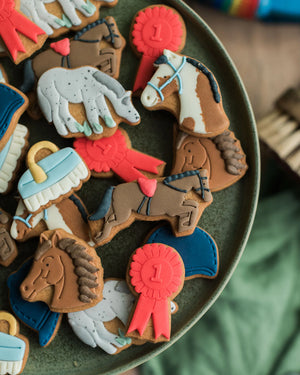 Honeywell Bakes Jar of Horses Biscuit Gift, hand iced horse and pony biscuits, with rosettes, riding hats, and grooming brushes