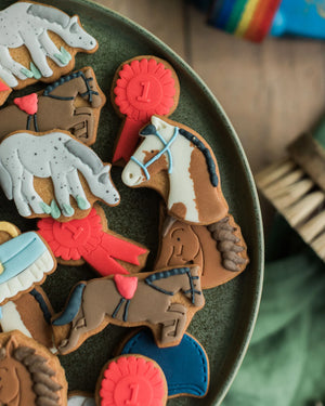 Honeywell Bakes Jar of Horses Biscuit Gift,  horse shaped cookies decorated with brown, white, and blue icing