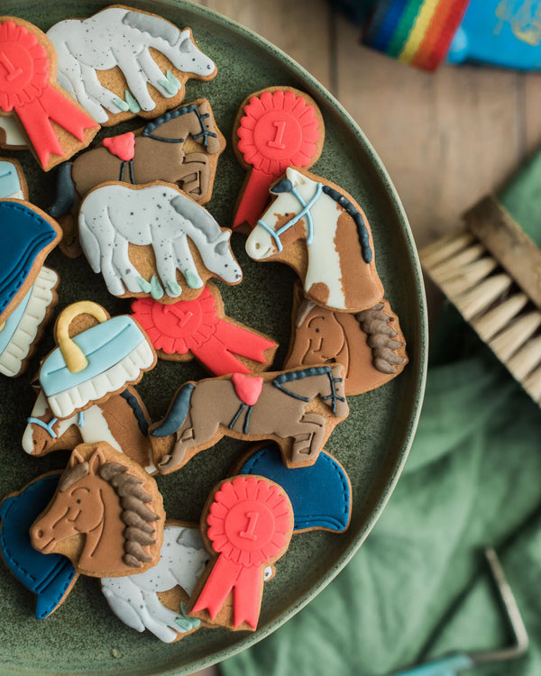 Honeywell Bakes Jar of Horses Biscuit Gift, hand iced horse and pony biscuits, with rosettes, riding hats, and grooming brushes