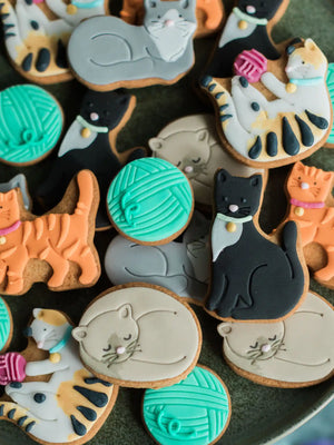 Close-up of adorable cat-shaped biscuits in a jar, perfect for gifting to cat lovers and biscuit fans.
