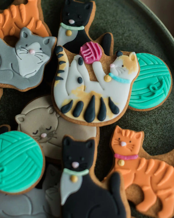 Close-up of adorable cat-shaped biscuits in a jar, perfect for gifting to cat lovers and biscuit fans.