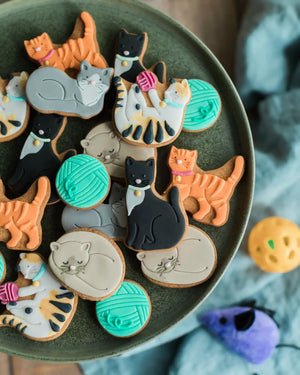 A jar filled with cute cat-shaped biscuits, making a playful personalised gift for someone who loves cats.