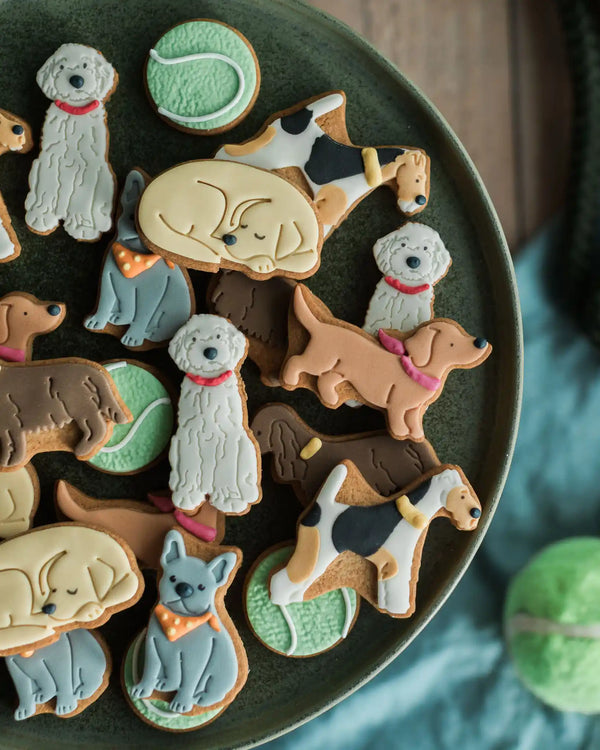 Close-up of adorable dog-shaped biscuits in a jar, a fun treat for dog lovers and fans of novelty biscuits.