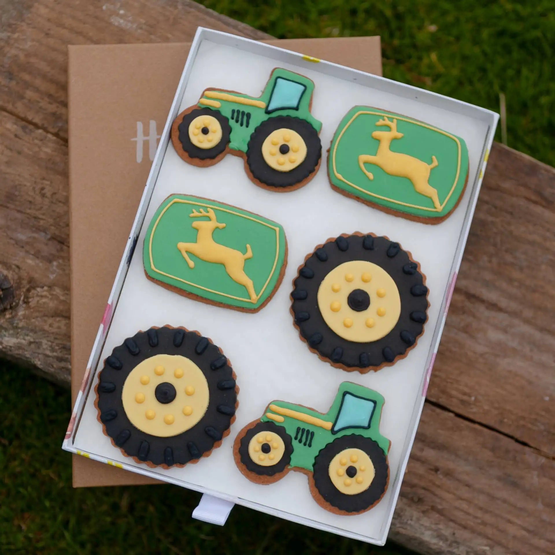 John Deere tractor shaped cookies with logo biscuits in brand colours, in a Honeywell Bakes gift box