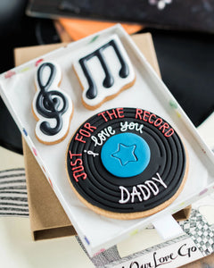 Honeywell Bakes Just for The Record Biscuit Gift - Hand iced music note cookies with a hand iced vinyl record, with a hand piped personalised message in a gift box