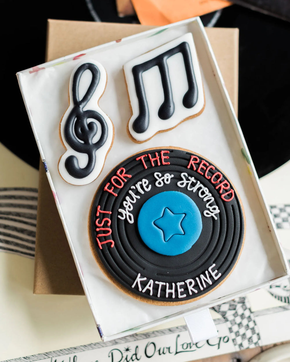 Honeywell Bakes Just for The Record Biscuit Gift - Hand iced music note cookies with a hand iced vinyl record, with a hand piped personalised message in a gift box