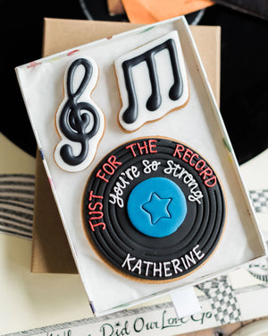 Honeywell Bakes Just for The Record Biscuit Gift - Hand iced music note cookies with a hand iced vinyl record, with a hand piped personalised message in a gift box