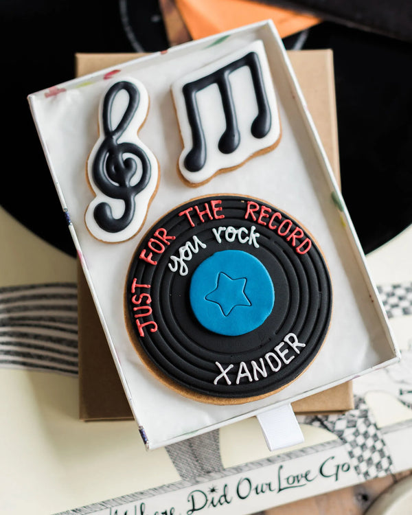 Honeywell Bakes Just for The Record Biscuit Gift - Hand iced music note cookies with a hand iced vinyl record, with a hand piped personalised message in a gift box