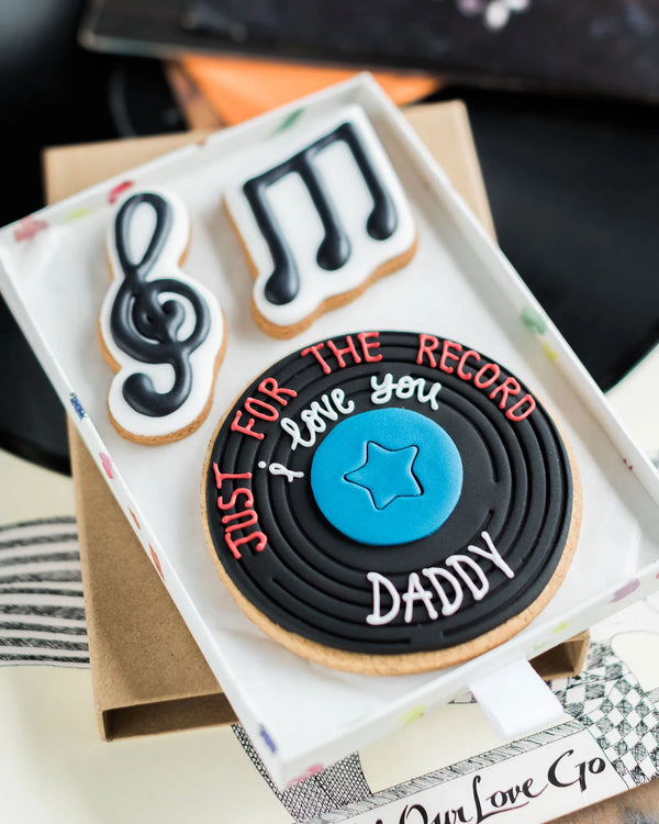 Honeywell Bakes Just for The Record Biscuit Gift - Hand iced music note cookies with a hand iced vinyl record, with a hand piped personalised message in a gift box