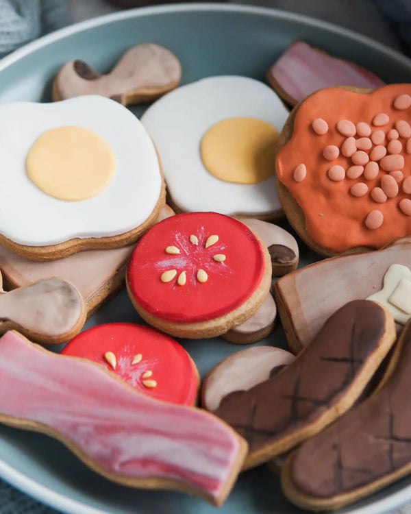 Honeywell Bakes Large Full English Biscuit Breakfast - Assorted cookies shaped like food items on a plate
